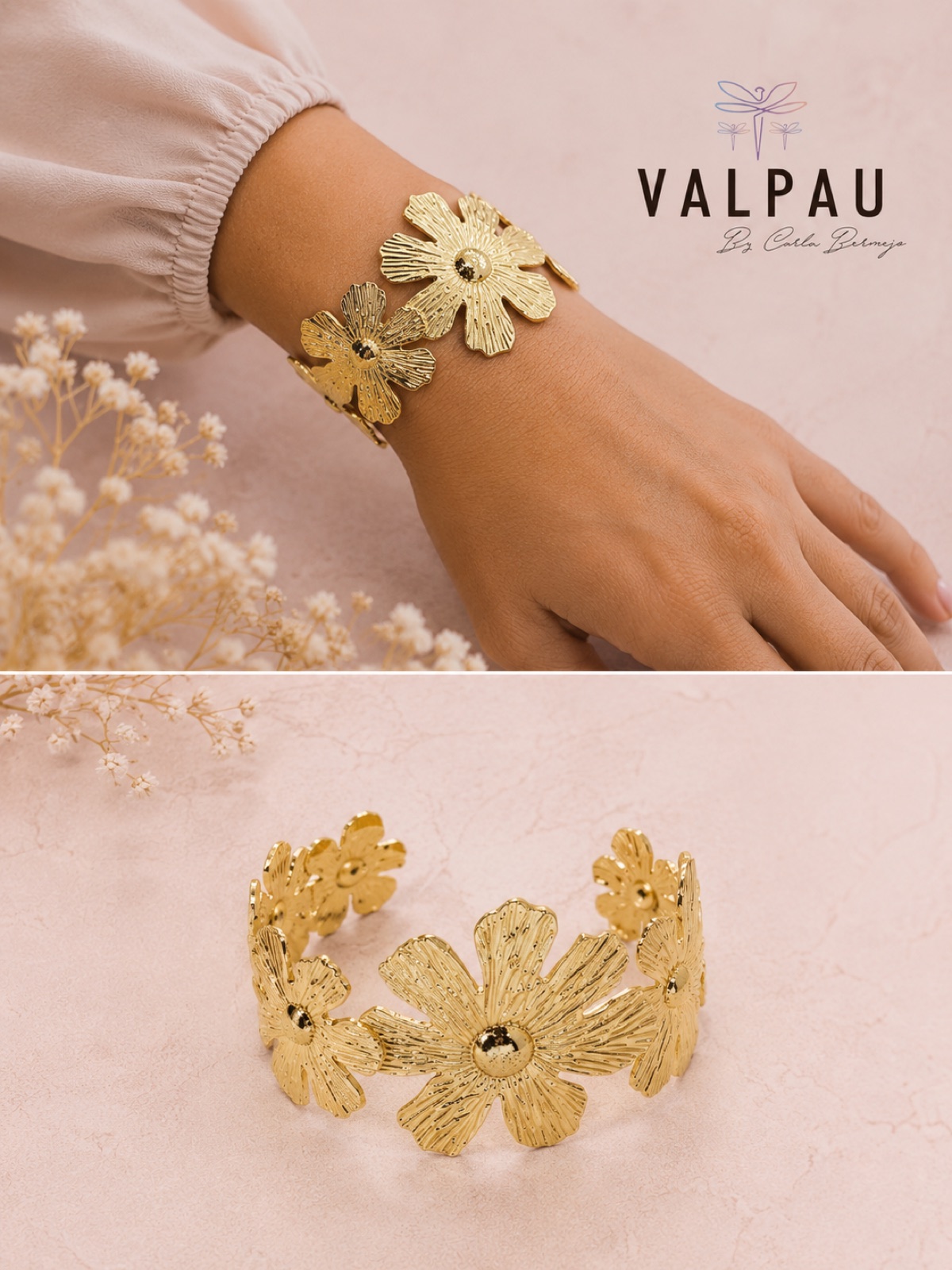 Brazalete dorado de flores VALPAU en la muñeca