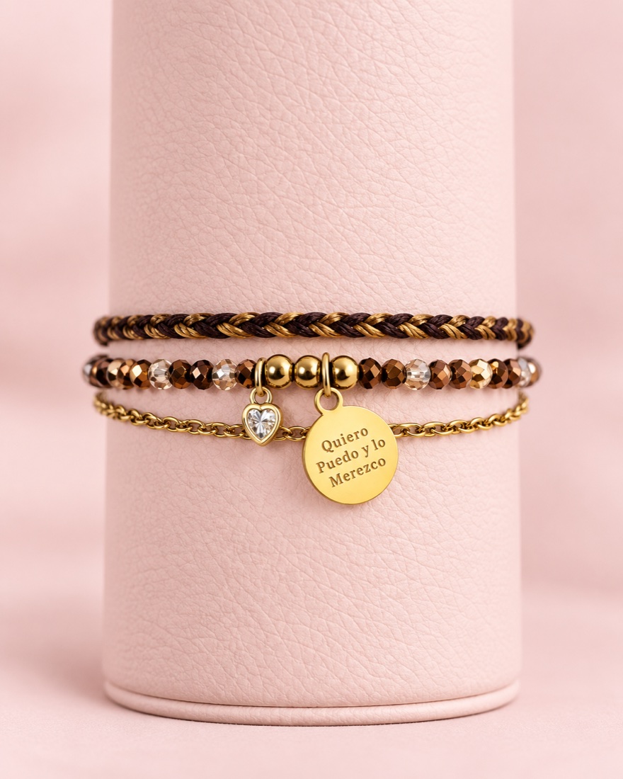 Pulsera Quiero, Puedo y lo Merezco Café · Hecho a mano