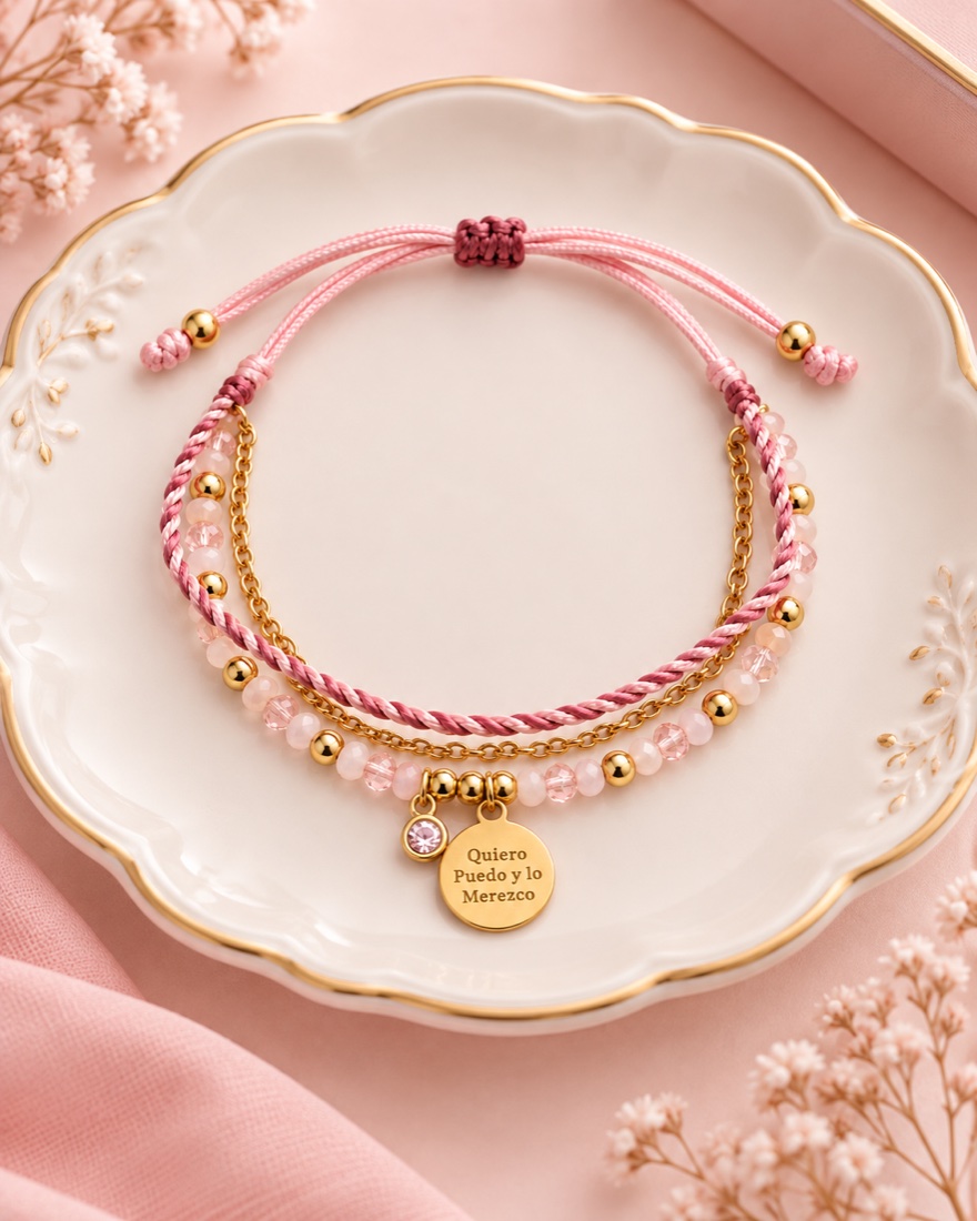 Pulsera Quiero, Puedo y lo Merezco Rosa · Hecho a mano