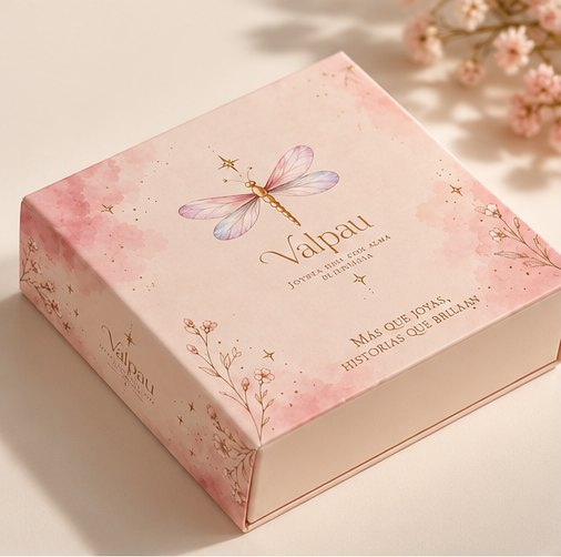 Caja-cajón VALPAU rosa con libélula dorada y cinta satinada