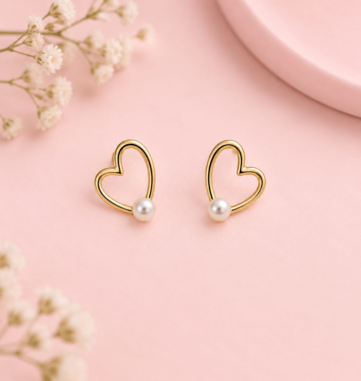 Aretes Corazón Perla · Cobre enchapado en oro de 18k