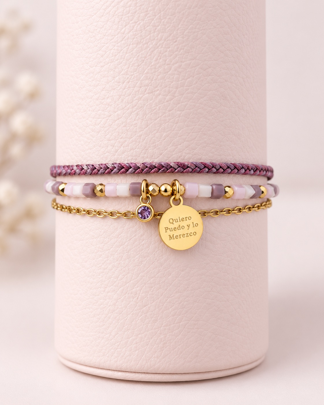 Pulsera Quiero, Puedo y lo Merezco Morado · Hecho a mano