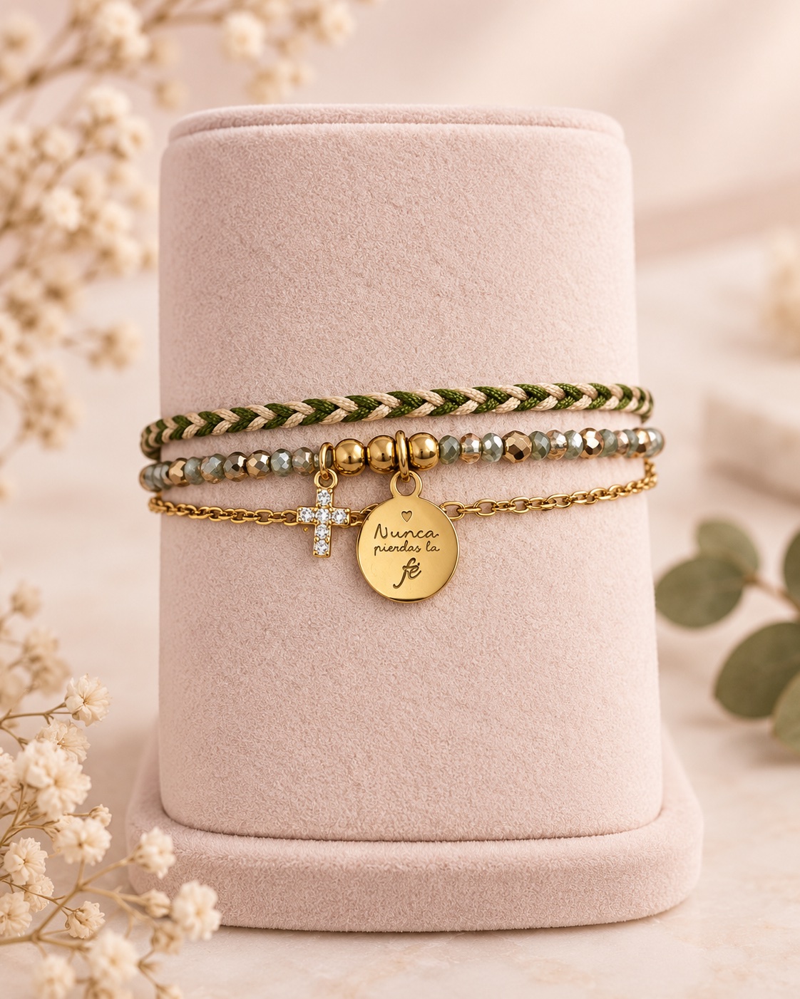 Pulsera Nunca Pierdas la Fe · Hecho a mano