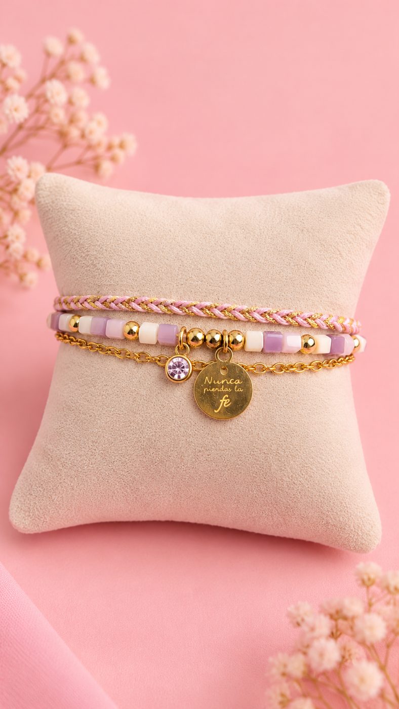 Brazalete Nunca pierdas la fe Rosa/ Dorado · Hecho a mano · VALPAU