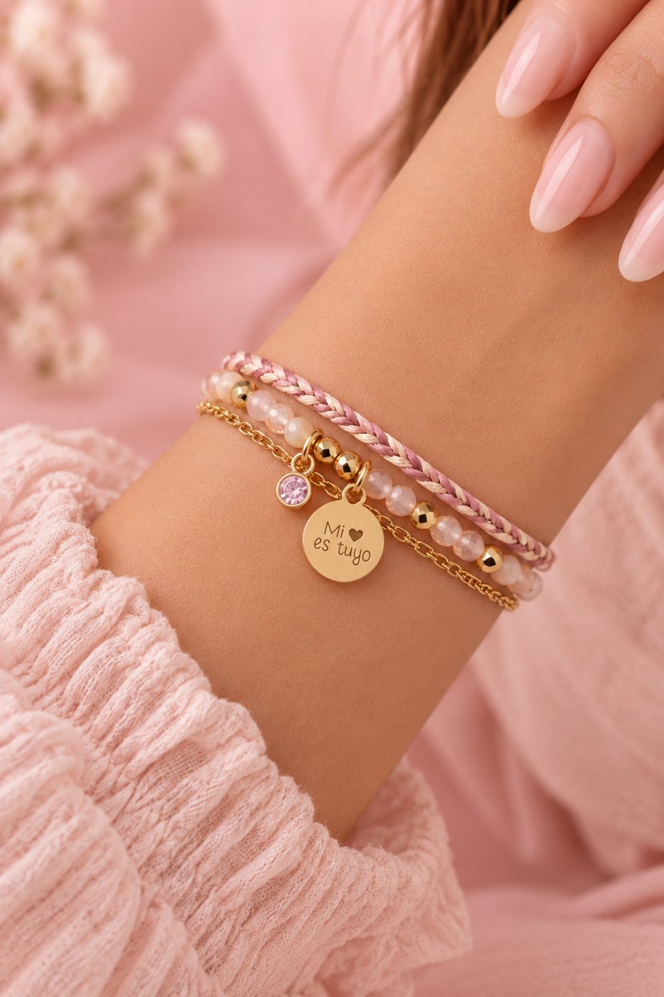 Brazalete Mi corazón es tuyo Perla/Palo Rosa · Hecho a mano · VALPAU